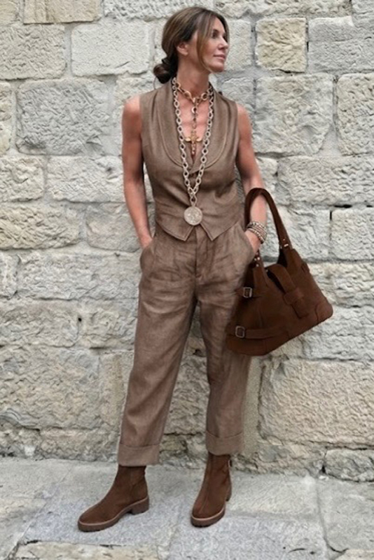 Dress ankle boots back buckles in dark brown leather with thick rubber soles and round toe - Worn view
